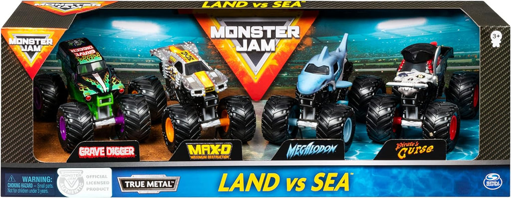 Monster Jam, Land vs. Sea 4 Pack Monster Trucks (Grave Digger, Max-D, Megalodon, and Pirate’s), 1:64 Scale