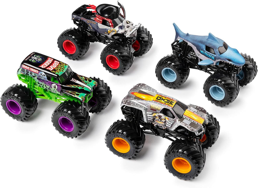 Monster Jam, Land vs. Sea 4 Pack Monster Trucks (Grave Digger, Max-D, Megalodon, and Pirate’s), 1:64 Scale, Kids Toys for Boys and Girls Ages 3 and up