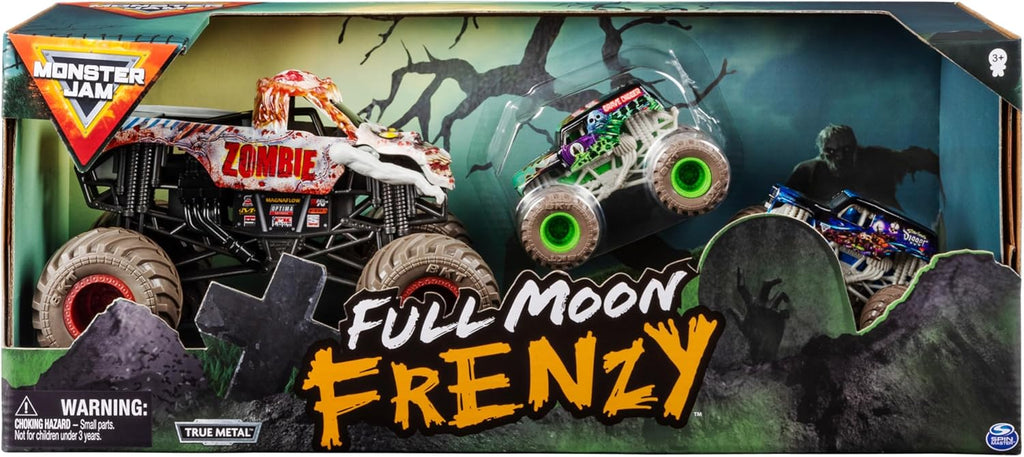 Monster Jam, Full Moon Frenzy 3-Pack Die-Cast Monster Trucks, 1:24 Scale Zombie, 1:64 Scale Grave Digger & Son-Uva Digger, Kids Toys for Ages 3+