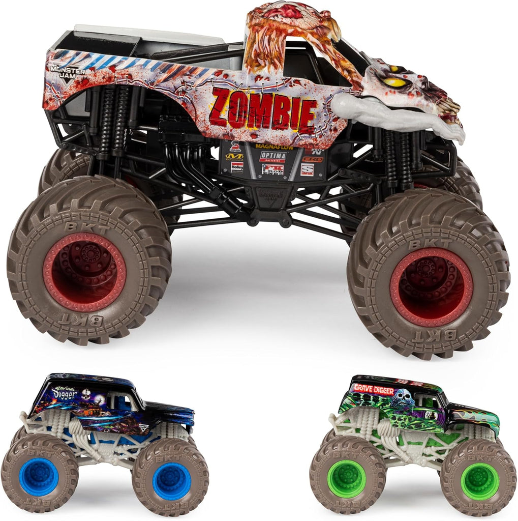 Monster Jam, Full Moon Frenzy 3-Pack Die-Cast Monster Trucks, 1:24 Scale Zombie, 1:64 Scale Grave Digger & Son-Uva Digger, Kids Toys for Ages 3+