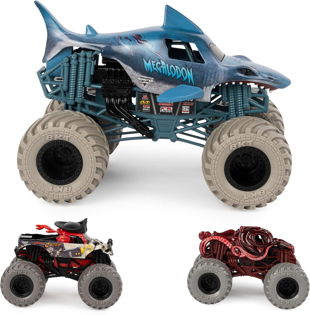 Monster Jam, Into The Deep 3-Pack Die-Cast Monster Trucks, 1:24 Scale Megalodon, 1:64 Scale Pirate’s Curse & Octon8er, Kids Toys for Ages 3+