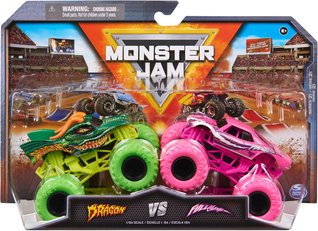 Monster Jam, Official Dragon Vs. Full Charge Die-Cast Monster Trucks, 1:64 Scale, Kids Toys for Boys Ages 3 and up