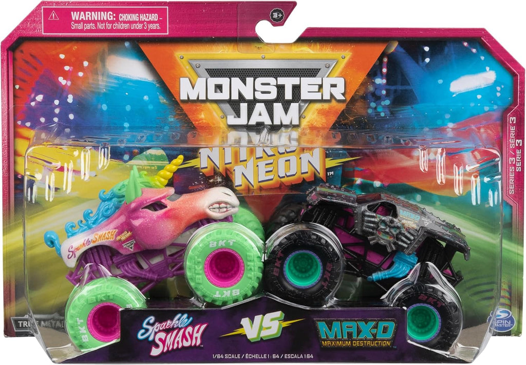 Monster Jam, Official Nitro Neon, Sparkle Smash Vs. Max-D, 1:64 Scale Die-Cast Monster Trucks, Kids Toys for Boys Ages 3 and up