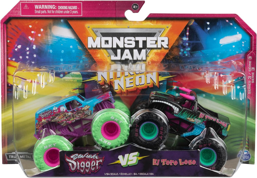 Monster Jam, Official Nitro Neon, Son-uva Digger Vs. El Toro Loco, 1:64 Scale Die-Cast Monster Trucks, Kids Toys for Boys Ages 3 and up