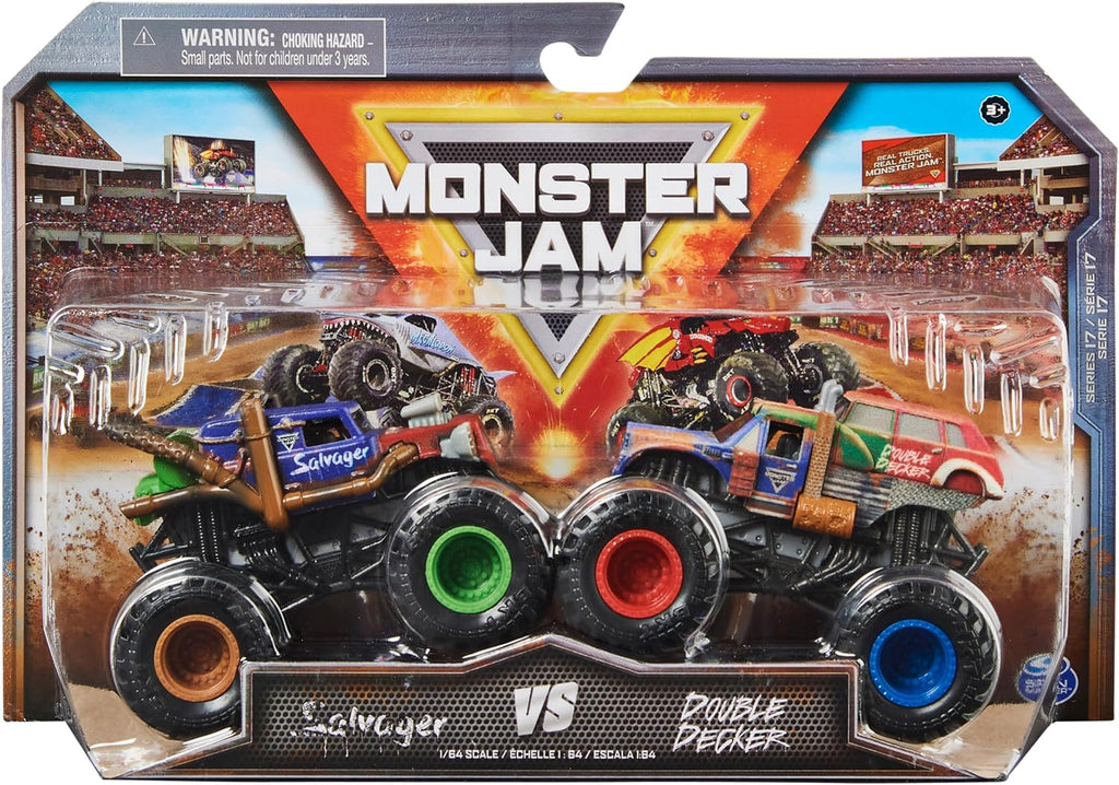 Monster Jam, Official Salvager Vs. Double Decker Die-Cast Monster Trucks, 1:64 Scale, Kids Toys for Ages 3 and up