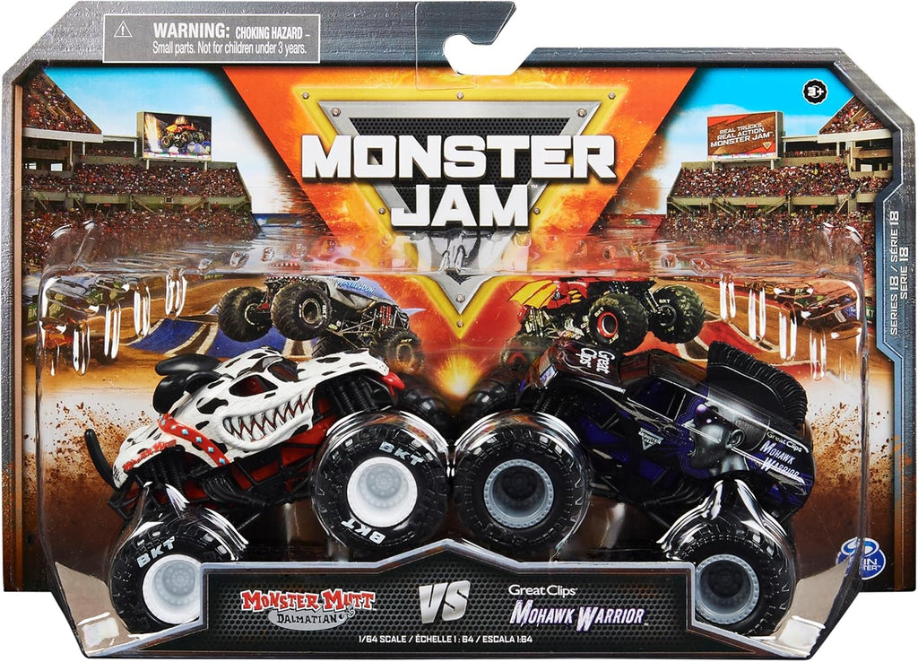 Monster Jam, Official Monster Mutt Dalmatian Vs. Mohawk Warrior Die-Cast Monster Trucks, 1:64 Scale, Kids Toys for Ages 3 and up